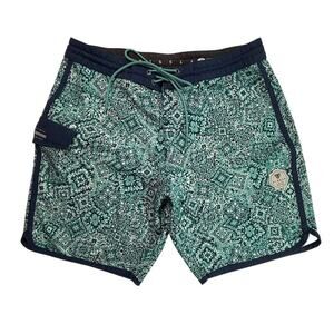 Vissla Blue Green Floral Mosaic Boardshorts Upcycled Stretch Swim Trunks Sz 33